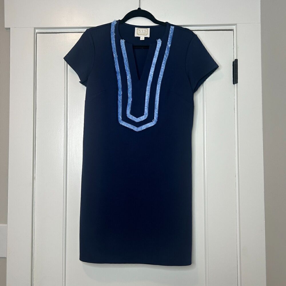 Sail to Sable Navy Blue Short Sleeve Shift Dress with Fringe Detail size Small - Picture 2 of 6